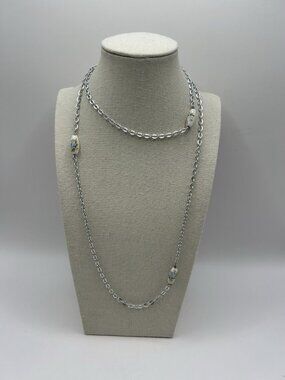 Emmons 35" Necklace Blue Rose Cottage Ceramic Bead Silver Tone Floral Vintage